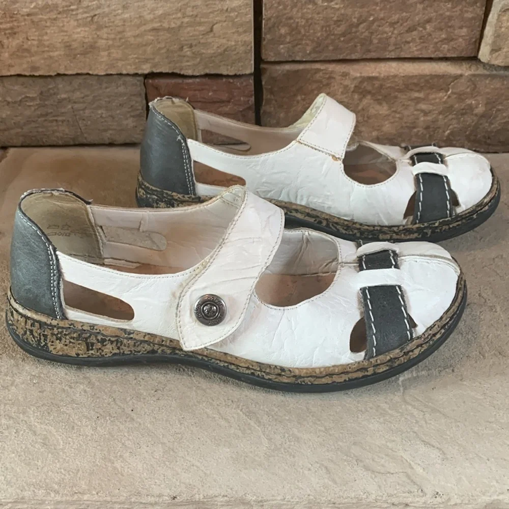 Rieker sz 38 white and dark blue/grey leather slip on shoes w/velcro closure